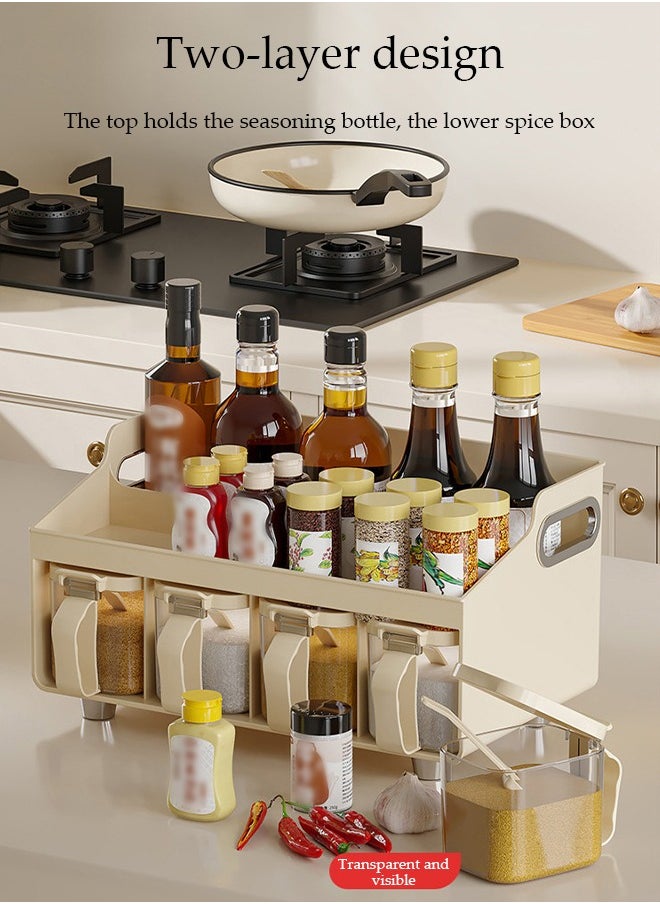 Spice Organizer With 4 Spice Boxes, Home Kitchen Spice Rack, Multifunctional Spice Jar Combination Storage Box, Equipped With Spoon, Handle Design, Anti Slip And Moisture-Proof, 33 * 16.8 * 18.8cm