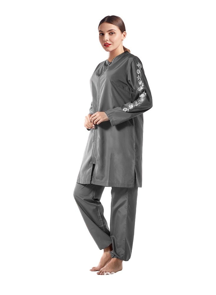 Loquat 3 Piece Digital Swimsuit Conservative Loose Zipper Southeast Asian Swimsuit Grey  - Image 1