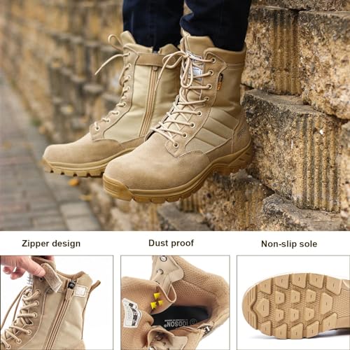 IODSON Men's Military Tactical Work Boots with Side Zipper, Puncture Resistant, Desert Combat, Army Jungle, 8 Inch Lightweight Hiking Boots Beige US 10 - Image 4