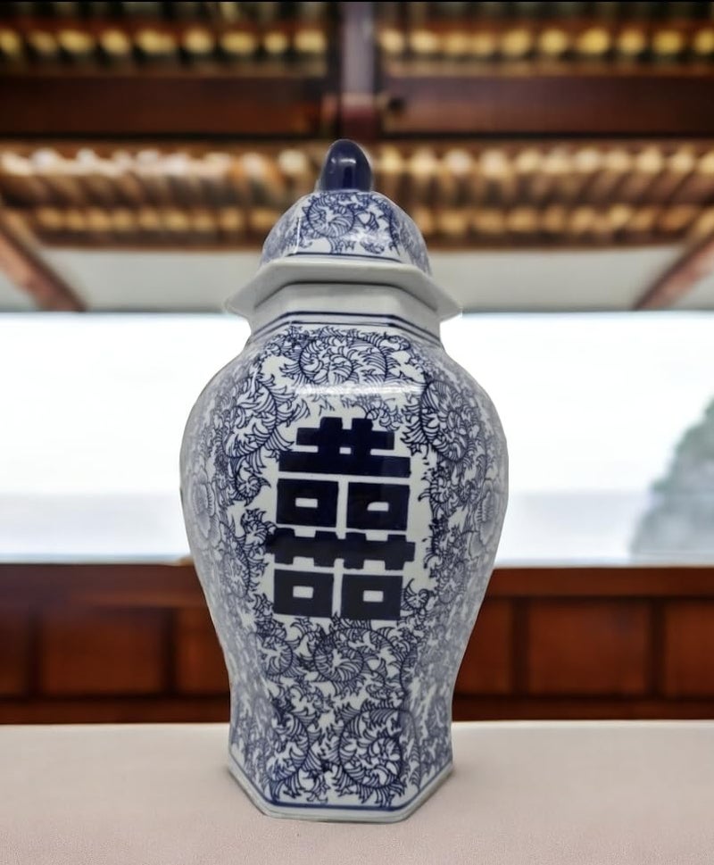 14 Classic Blue and White Porcelain Floral Temple Ginger Jar Vase China Ming Style Double Happiness Chinoiserie Vase Hexagonal Jar