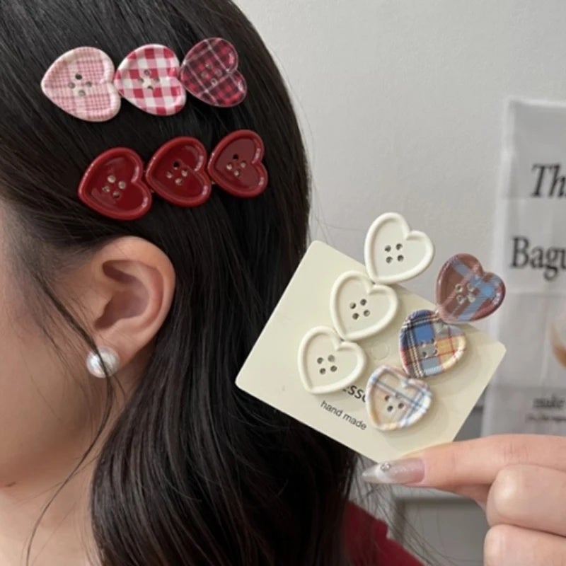 Sweet Love Plaid Button Hair Clip Women Side Bangs Hairpins Korean Japanese Girls Cute Duckbill Clip Headdress Hair Accessories - Image 2