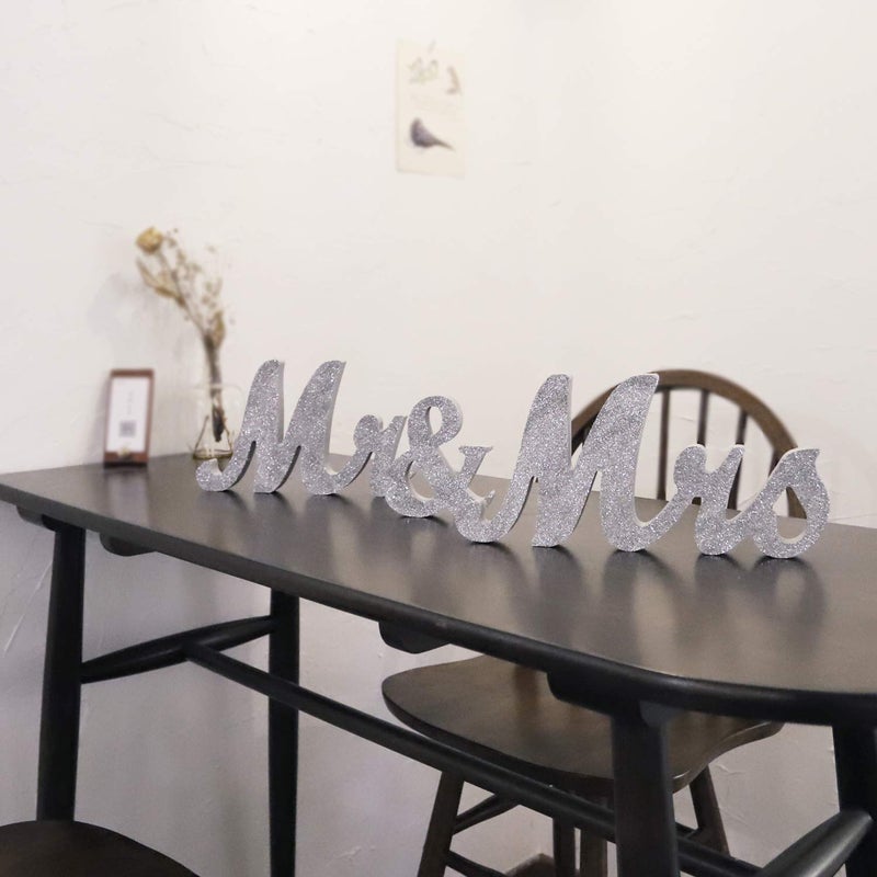 BLOOBLOOMAX Wooden Mr and Mrs Sign  Rustic Mr. & Mrs. Letters Wedding Signs for Wedding Table  Miss Mr. Deroation for Photo Props/Party Table/Anniversary/Valentine's Day/Wedding & Engagement  Silver - Image 4