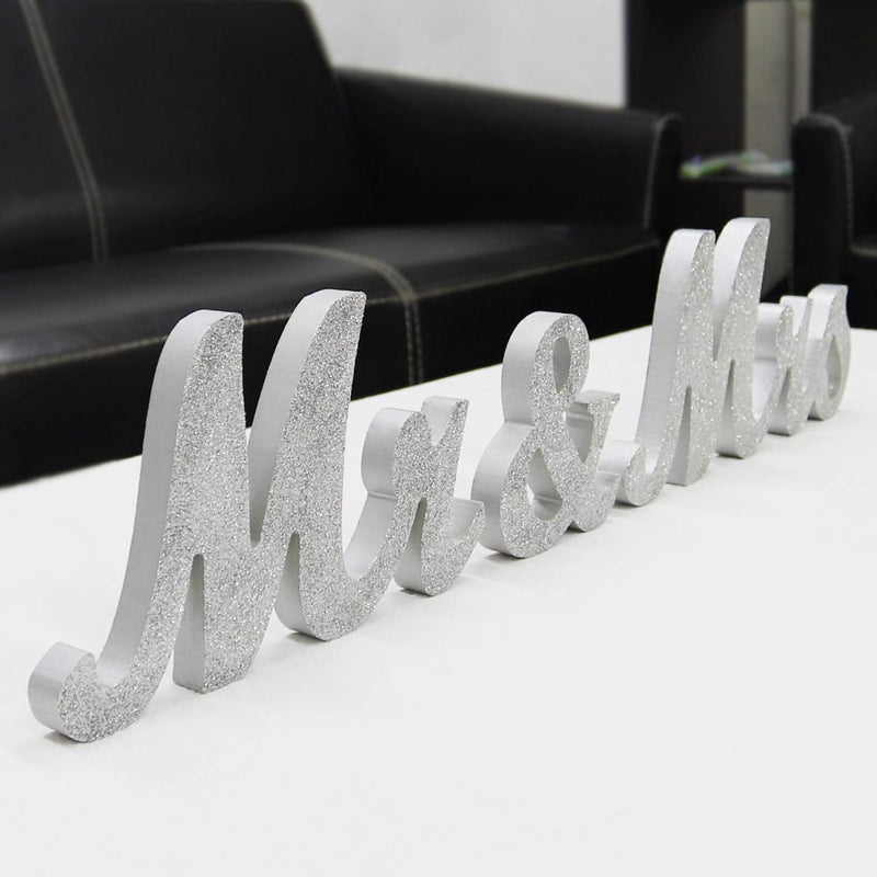 BLOOBLOOMAX Wooden Mr and Mrs Sign  Rustic Mr. & Mrs. Letters Wedding Signs for Wedding Table  Miss Mr. Deroation for Photo Props/Party Table/Anniversary/Valentine's Day/Wedding & Engagement  Silver - Image 1