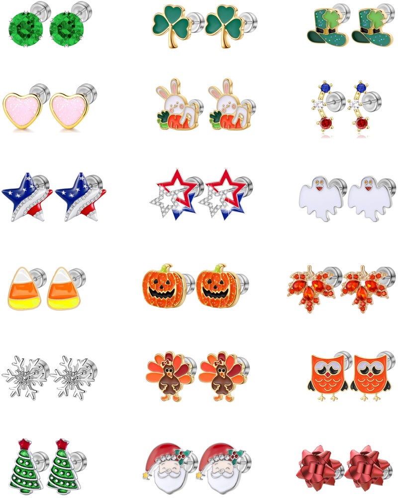 JGUF 18 Pairs Hypoallergenic Flat Back Holiday Earrings Set for Girls Women Valentine's Day St Patricks Day Easter 4th of July Stud Earrings Halloween Christmas Fall Thanksgiving Screw Back Earrings Jewelry - Image 1