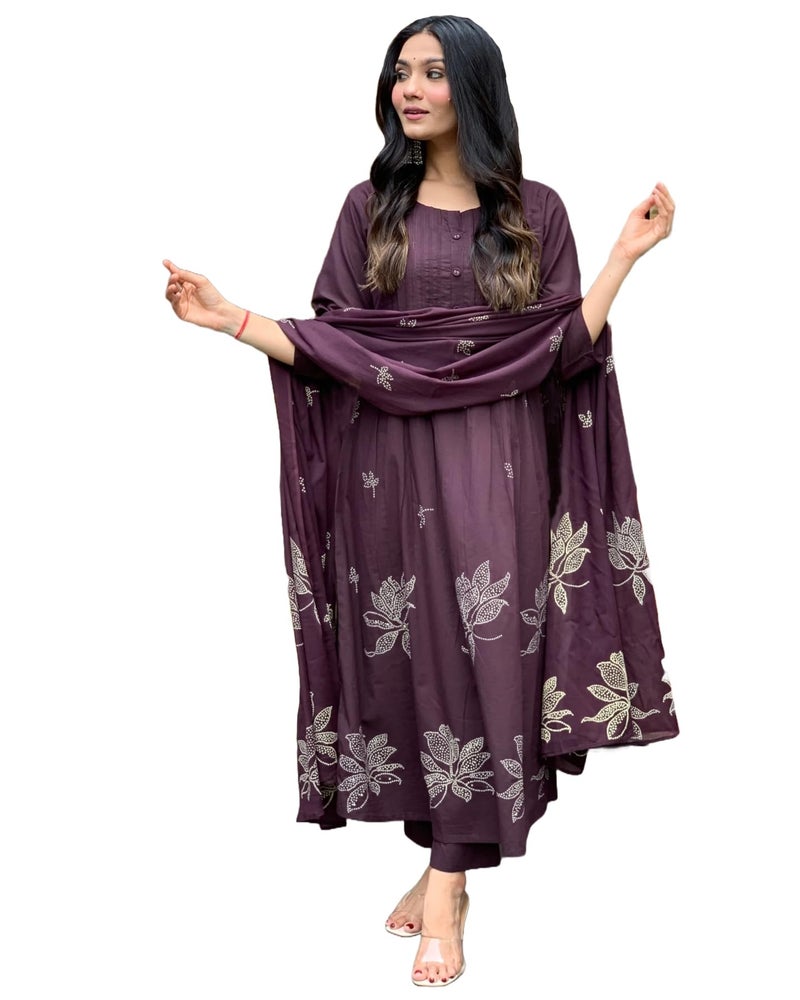 ANNI DESIGNER Women's Rayon Blend Anarkali Printed Kurta with Pant & Dupatta (Gangori Wine_S_Wine_Small) - Image 1