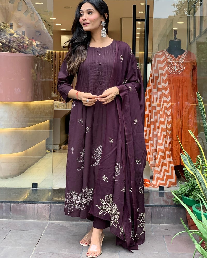 ANNI DESIGNER Women's Rayon Blend Anarkali Printed Kurta with Pant & Dupatta (Gangori Wine_S_Wine_Small) - Image 5