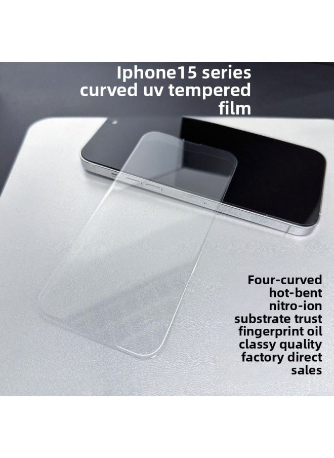 Generic - Suitable For Iphone15Pro Tempered Film UV Hot Bending High Aluminum White Film Full Version Miniature Plus Stickers For Iphone 15 Protection-Color:Four Curved UV Tempered Film [boutique Packaging With Headlight Version]]-Size:For Iphone15 - Image 1
