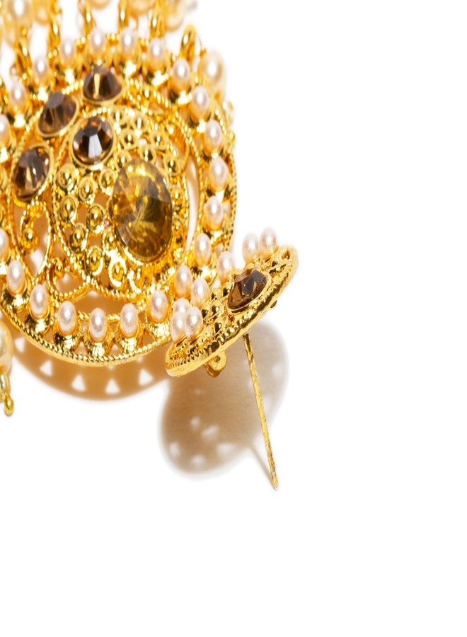 بينداني تاج رأس دائري مرصع بأحجار الراين واللؤلؤ الصناعي من بيندهاني مع أقراط هندية للنساء (ذهبي) - Image 4