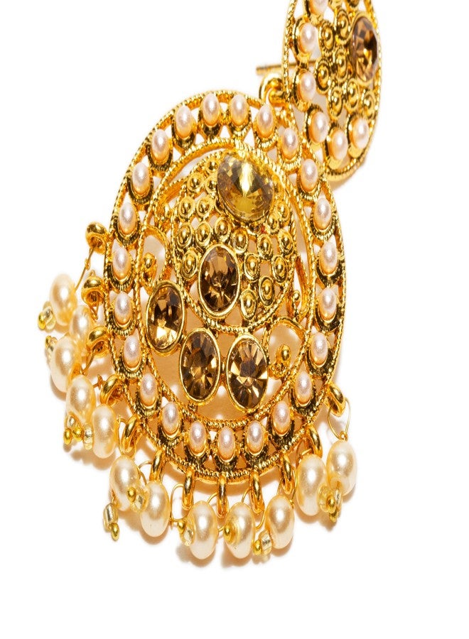 بينداني تاج رأس دائري مرصع بأحجار الراين واللؤلؤ الصناعي من بيندهاني مع أقراط هندية للنساء (ذهبي) - Image 3