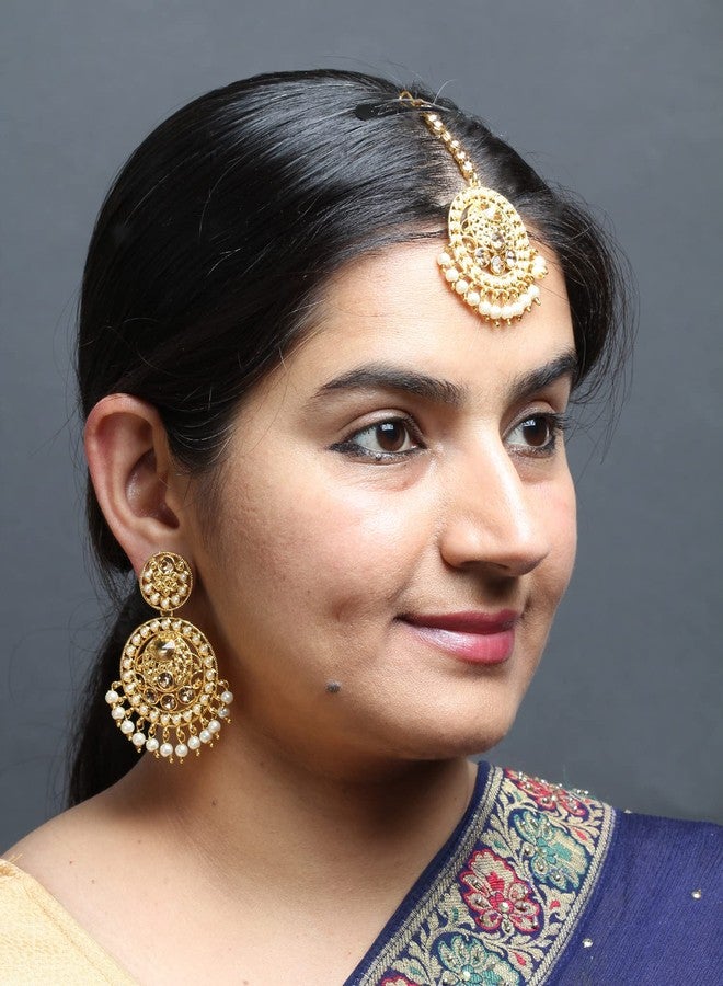 بينداني تاج رأس دائري مرصع بأحجار الراين واللؤلؤ الصناعي من بيندهاني مع أقراط هندية للنساء (ذهبي) - Image 5