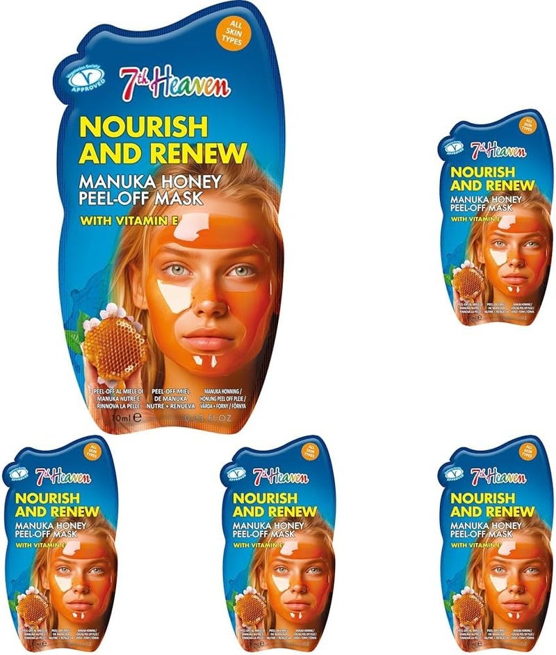 7th Heaven Manuka Honey Peel Off Face Mask with Vitamin E Nourish and Renew All Skin Types Pack of 5