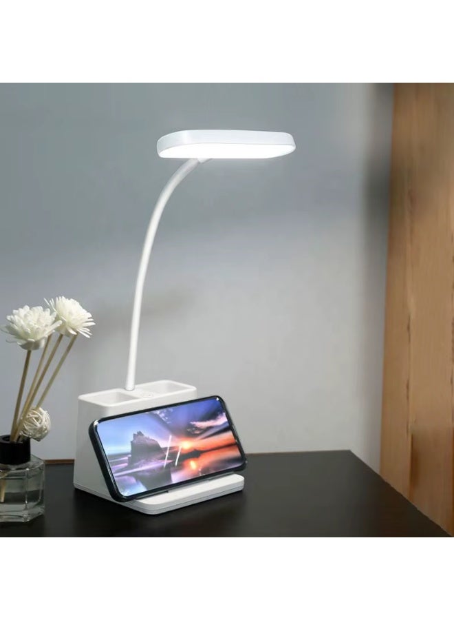اباجورة مكتب LED قابلة للشحن QP-2209-A باضاءة بيضاء 6800K، بطارية ليثيوم 18650، حامل موبايل ومنظم أقلام، رقبة مرنة، مناسبة للقراءة والمذاكرة وغرفة النوم - Image 2