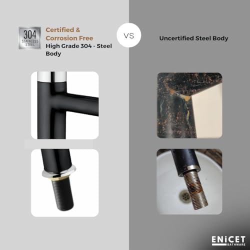 ENICET Wash Basin Tap, Matte Black, SS-304, Table Top Basin Tap, High Neck Pillar Cock, Black Taps for Bathroom, Tall Extended Body, Foam Flow (Round Black and Silver) - Image 5