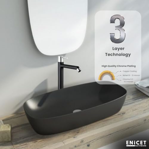 ENICET Wash Basin Tap, Matte Black, SS-304, Table Top Basin Tap, High Neck Pillar Cock, Black Taps for Bathroom, Tall Extended Body, Foam Flow (Round Black and Silver) - Image 2