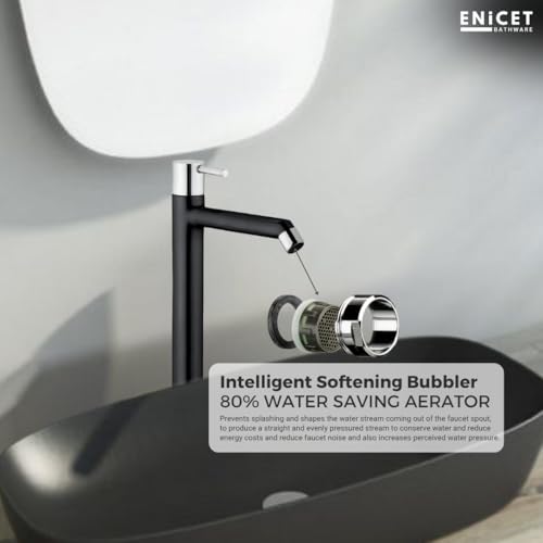 ENICET Wash Basin Tap, Matte Black, SS-304, Table Top Basin Tap, High Neck Pillar Cock, Black Taps for Bathroom, Tall Extended Body, Foam Flow (Round Black and Silver) - Image 3