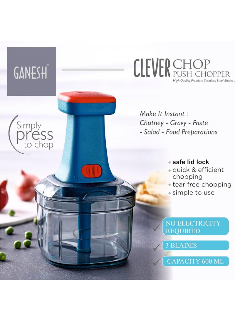 GANESH Clever Chop Push Chopper Manual Hand Press Push Chopper with 3 Blades for Effortless Chopping Vegetables & Fruits-600ML  - Image 2