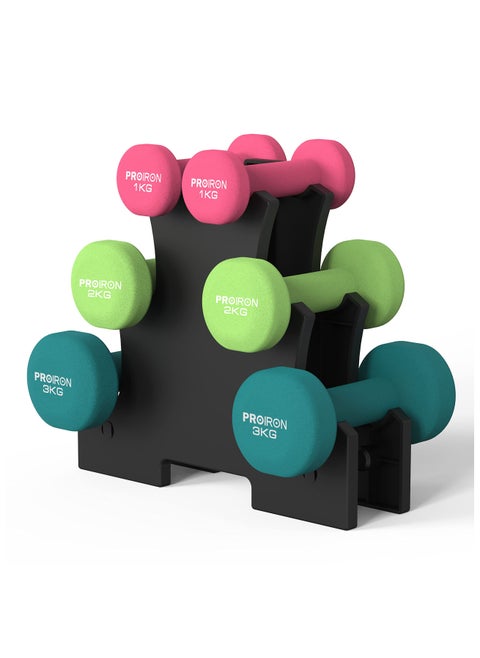 Neoprene Dumbbells Weights Exercise & Fitness Dumbbells Set In 1Kg 2Kg 3Kg Pairs With Rack