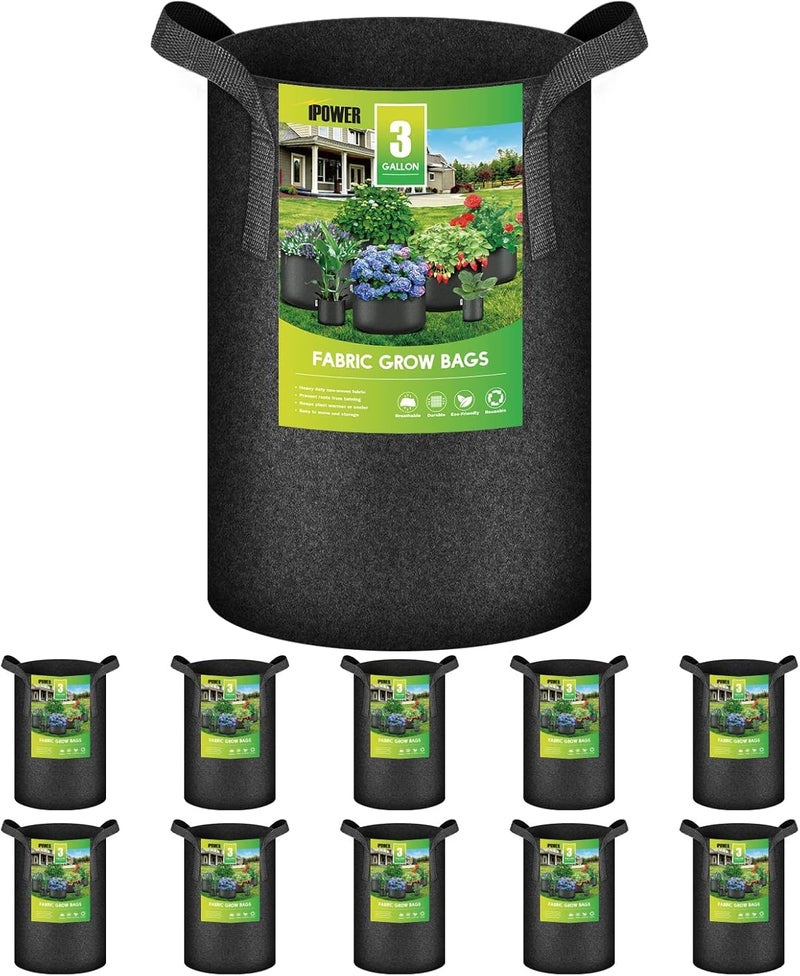 iPower 3 Gallon 10 Pack Grow Bags Nonwoven Fabric Pots Aeration Container with Strap Handles for Garden and Planting, 10-Pack Black, 3 Gallon - Image 1