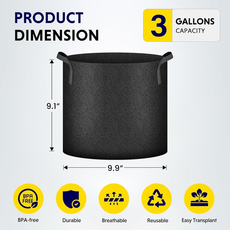 iPower 3 Gallon 10 Pack Grow Bags Nonwoven Fabric Pots Aeration Container with Strap Handles for Garden and Planting, 10-Pack Black, 3 Gallon - Image 5