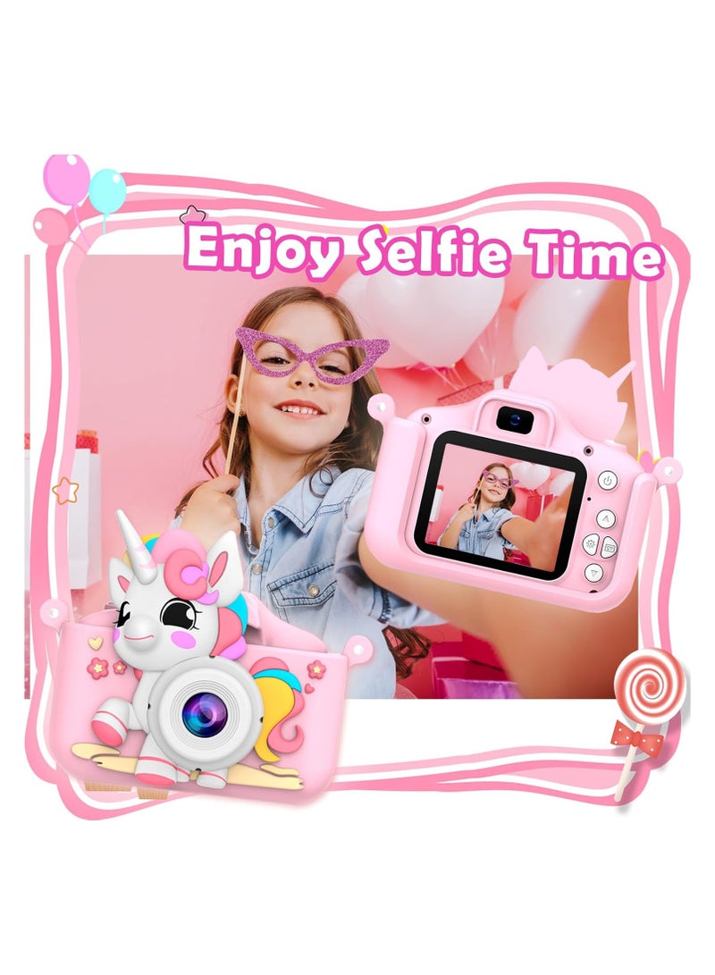 كاميرا لعبة للأطفال، كاميرا رقمية للأطفال الصغار، كاميرا رقمية محمولة مع فيديو، للأولاد والبنات من سن 3 إلى 12 عامًا، هدية عيد ميلاد للأطفال، مع بطاقة SD سعة 32 جيجابايت وقارئ USB (وردي وحيد القرن) - Image 3