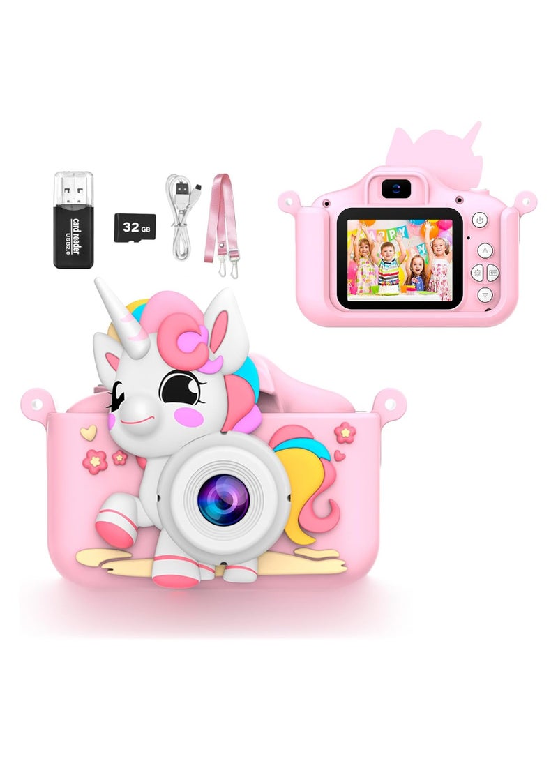 كاميرا لعبة للأطفال، كاميرا رقمية للأطفال الصغار، كاميرا رقمية محمولة مع فيديو، للأولاد والبنات من سن 3 إلى 12 عامًا، هدية عيد ميلاد للأطفال، مع بطاقة SD سعة 32 جيجابايت وقارئ USB (وردي وحيد القرن) - Image 1