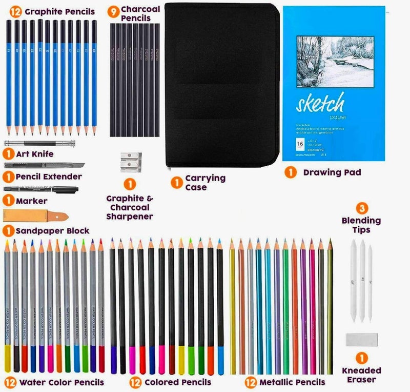 Corslet 72 Pcs Art Pencil Sketch Kit Drawing for Artists Kit Graphite Colored Charcoal Sketch Book Stumps Eraser Sketching Kit for Artist Drawing - Image 2