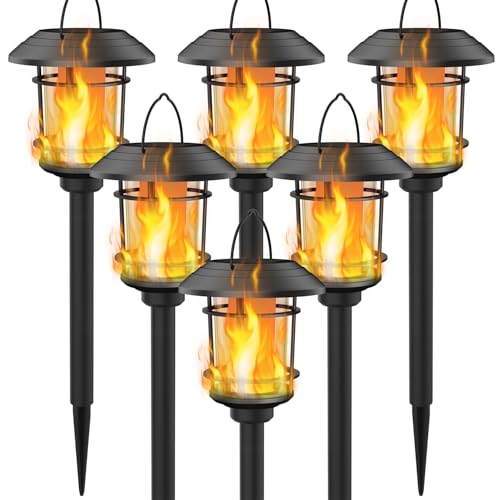 Dynaming 6 Pack Solar Flame Torch Lights Outdoor, Halloween Dual Use Flickering Flame Garden Light, Christmas Hanging Lanterns, Auto On/Off & Waterproof Lighting for Lawn Patio Yard Walkway Driveway - Image 1