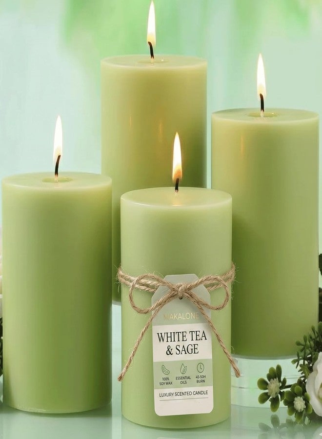 MAKALONE 4 Pack Sage & White Tea Scented Pillar Candles-2.8x4 Inch Sage Green Soy Wax Candles-240 Hour Long Lasting Burning,Spring Aromatherapy, Non-Toxic & Smokeless for Home Decor, Dinner,Stress Relief&Gift - Image 1