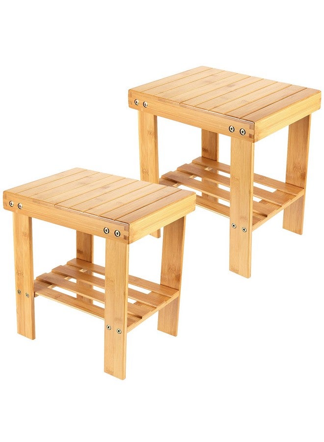 PINGEUI 2 Packs 13 Inches Bamboo Step Stool, Non-Slip Small Seat, Durable Footrest Bench With Storage Shelf for Bathroom, Bedroom, Kitchen - Image 1