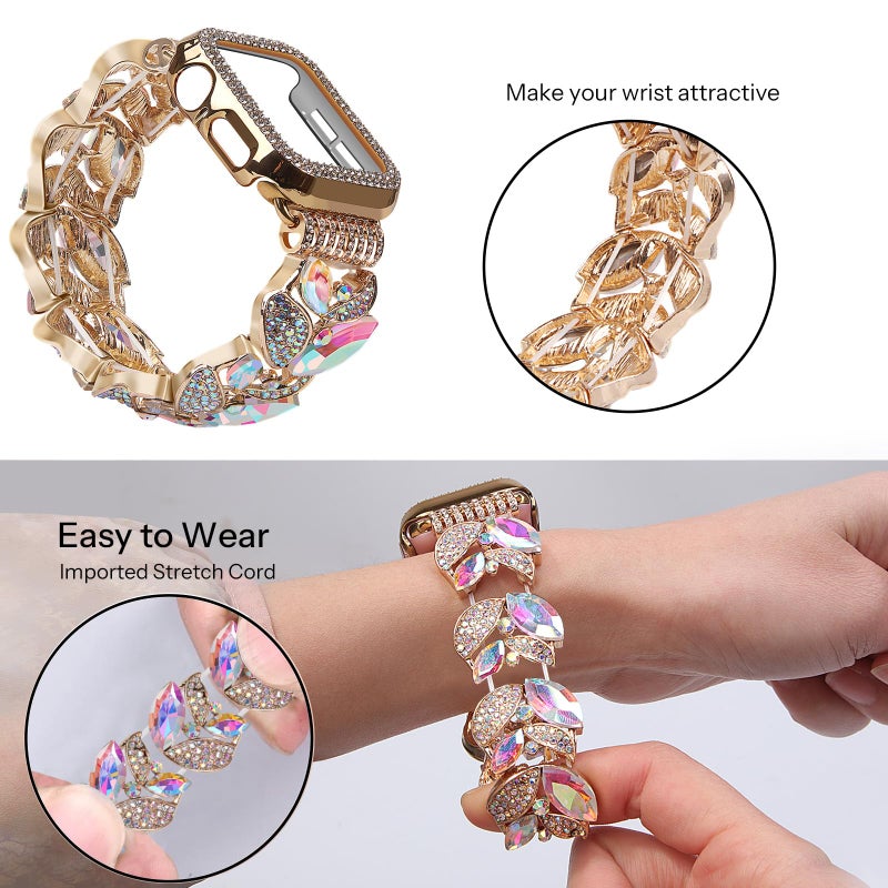 VIQIV Bling Dressy Bracelet with Case Compatible with Apple Watch Bands Series SE/SE2/6/5/4 44mm for Women Strethy, Cute Slim Metal Wristband Strap for iWatch Bands, 44mm Mix-Color - Image 3