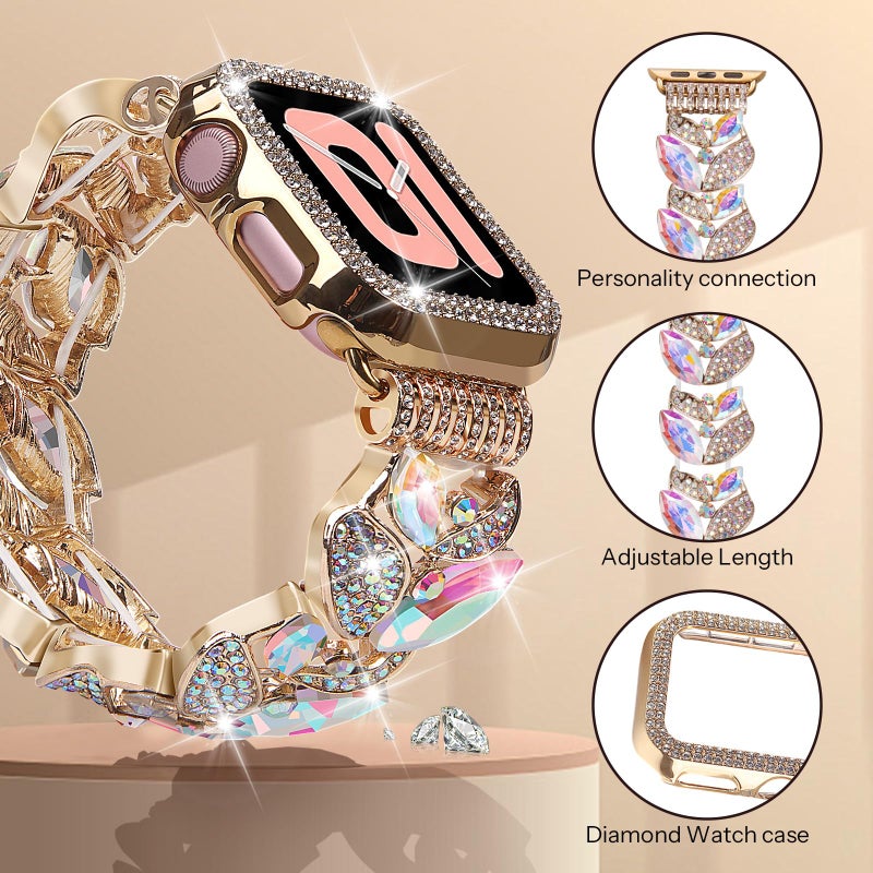 VIQIV Bling Dressy Bracelet with Case Compatible with Apple Watch Bands Series SE/SE2/6/5/4 44mm for Women Strethy, Cute Slim Metal Wristband Strap for iWatch Bands, 44mm Mix-Color - Image 2