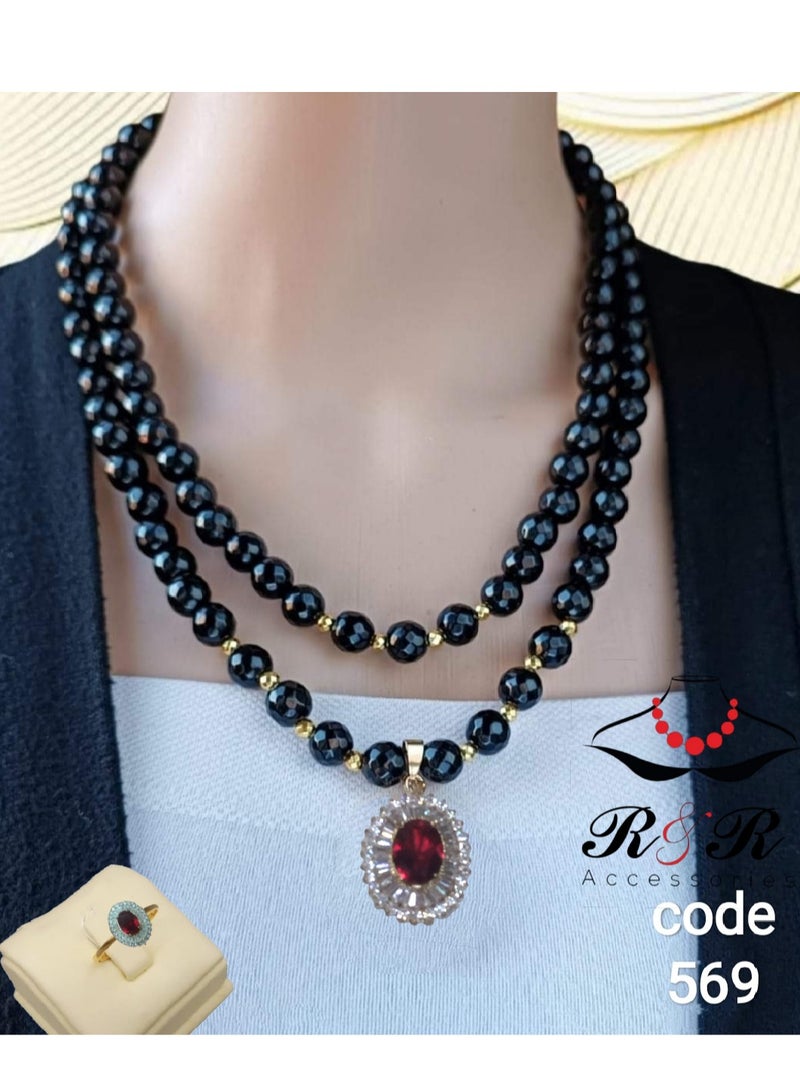 R&R Women's Set, A Ring And A Necklace Made Of Black Onyx With A Pendant - Image 1