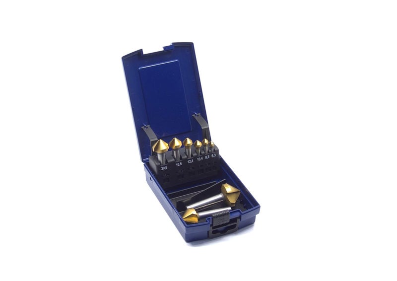 WSH-TOOLS Countersink Set 8 pieces HSSE-Co5 90° DIN 335C TiN coated uneven pitch (chatter-free) in Plastic box - Image 1
