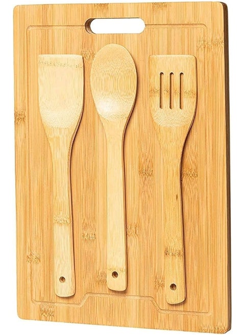 Bamboo Chopping Board Set – Natural Bamboo Cutting Board With 3 Utensils, Knife-Friendly Design & Juice Groove For Chopping Meat, Vegetables, Fruits, And Cheese [30 X 40Cm][4Pcs/1Set]