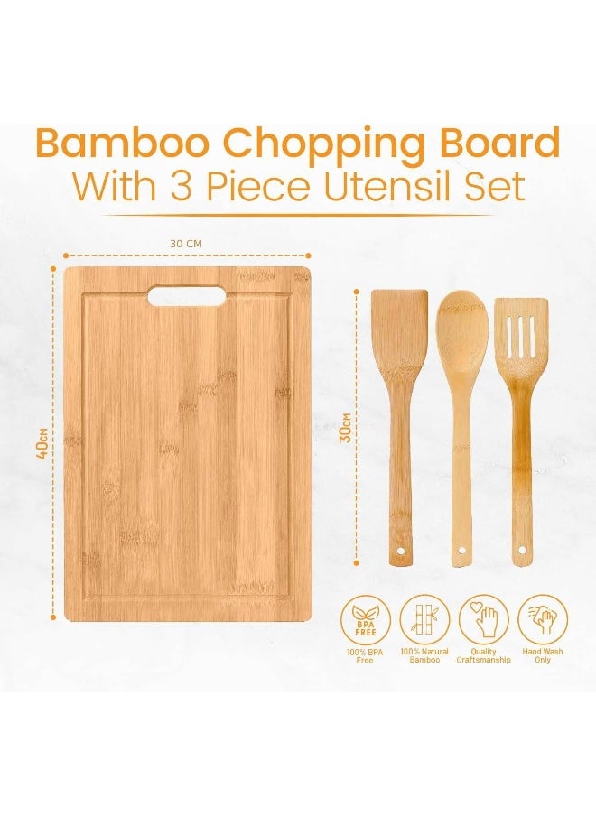 MOMENT - Bamboo Chopping Board Set – Natural Bamboo Cutting Board With 3 Utensils, Knife-Friendly Design & Juice Groove For Chopping Meat, Vegetables, Fruits, And Cheese [30 X 40Cm][4Pcs/1Set] - Image 1