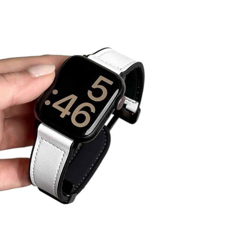 AD White Classic Leather Strap Smartwatch Band Compatible with Apple Watch / SE with Adjustable Fit Replacement Strap for Daily Wear - Image 1