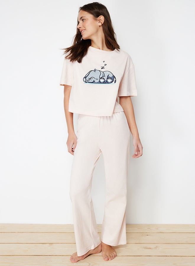 trendyol Powder 100% Cotton Elephant Printed Knitted Pajama Set - Image 2
