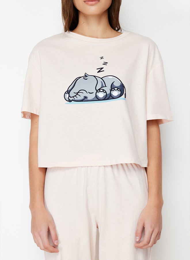 trendyol Powder 100% Cotton Elephant Printed Knitted Pajama Set - Image 4