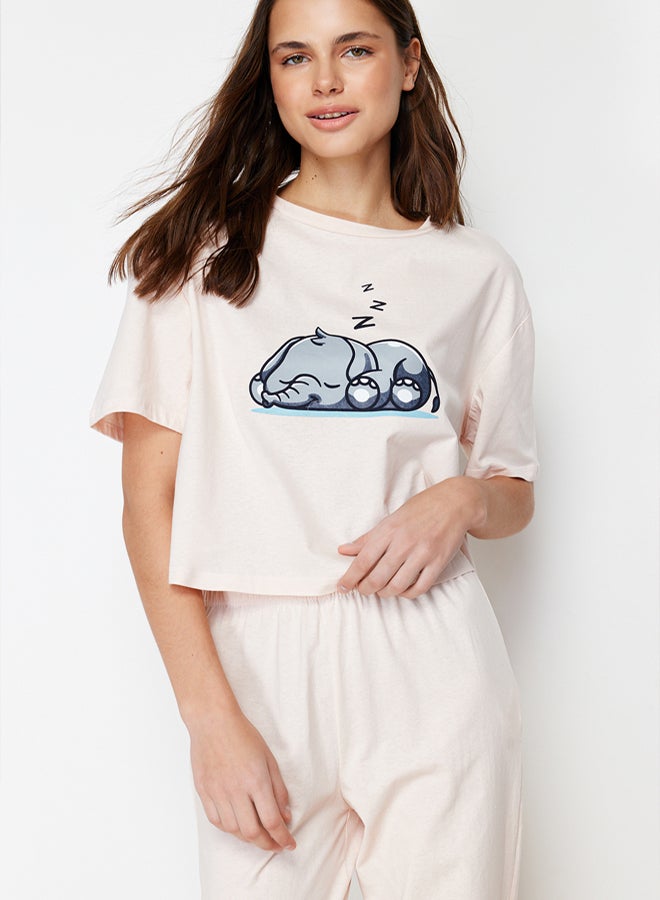trendyol Powder 100% Cotton Elephant Printed Knitted Pajama Set - Image 1