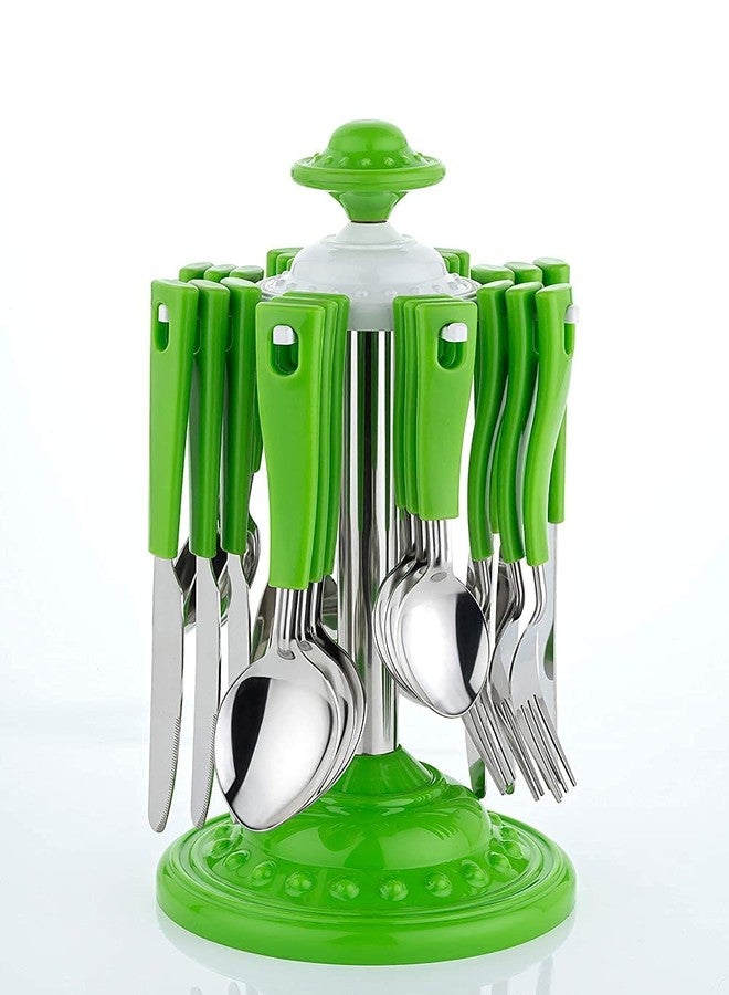 Unlock® Stainless Steel Cutlery Set 24 Piece | Dining Table Cutlery with Stand | Includes 6 Teaspoons, 6 Dessert Spoons, 6 Dessert Forks, 6 Butter Knives | Premium Kitchen & Dining Set – Green