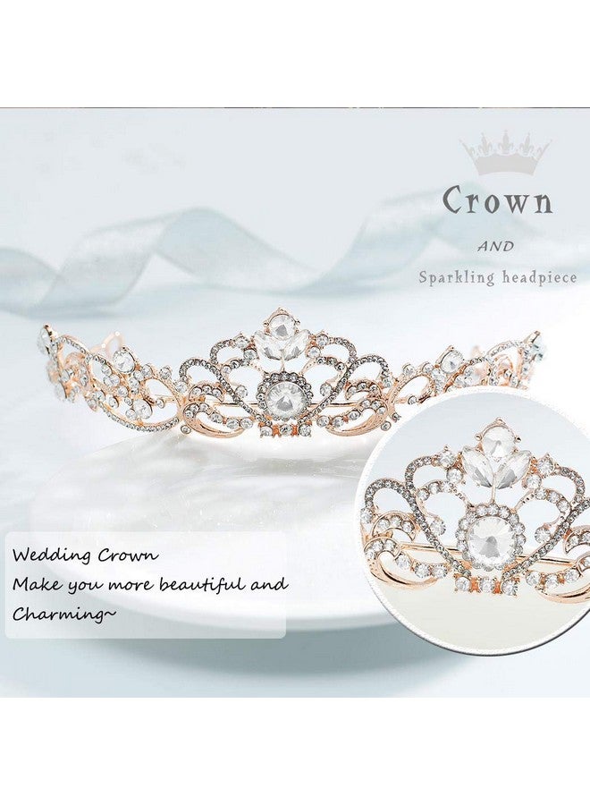Haloty Princess Wedding Crown and Tiara Bride Tiara Queen Crowns Flower Bridal Rhinestone Hair Accessories for Women and Girls (Rose Gold) - Image 2