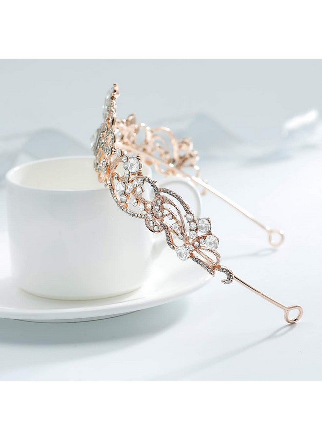 Haloty Princess Wedding Crown and Tiara Bride Tiara Queen Crowns Flower Bridal Rhinestone Hair Accessories for Women and Girls (Rose Gold) - Image 3