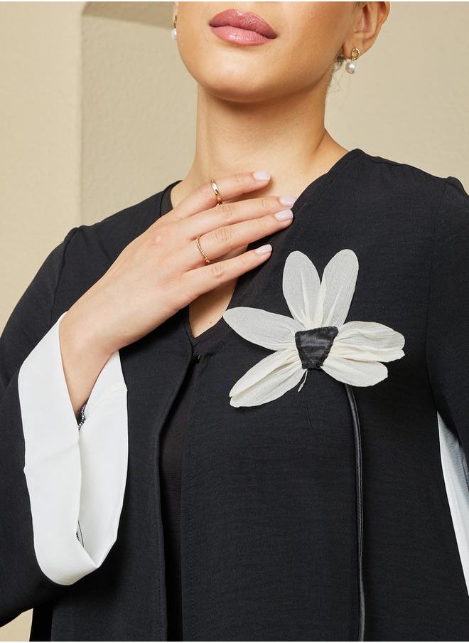 Styli - Contrast Side Panel Flared Abaya with Flower Corsage Detail - Image 1