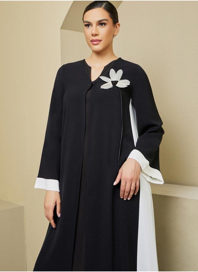 Styli - Contrast Side Panel Flared Abaya with Flower Corsage Detail - Image 1