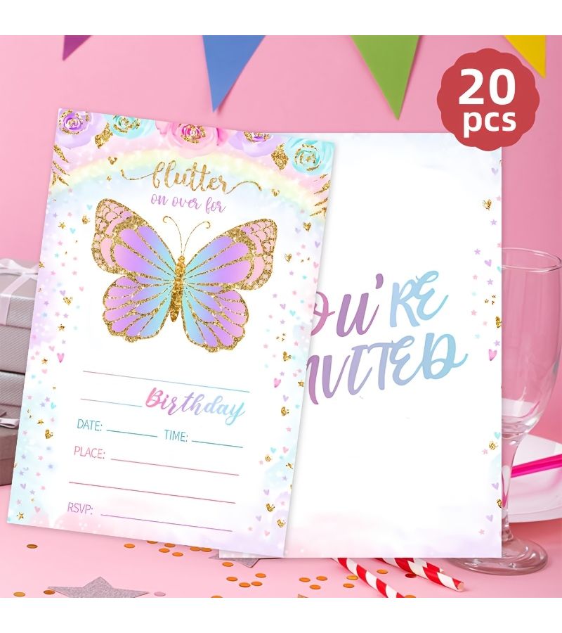 20 دعوة عيد ميلاد بفراشات بتصميم زهري للبنات والأولاد والمراهقين - Image 1
