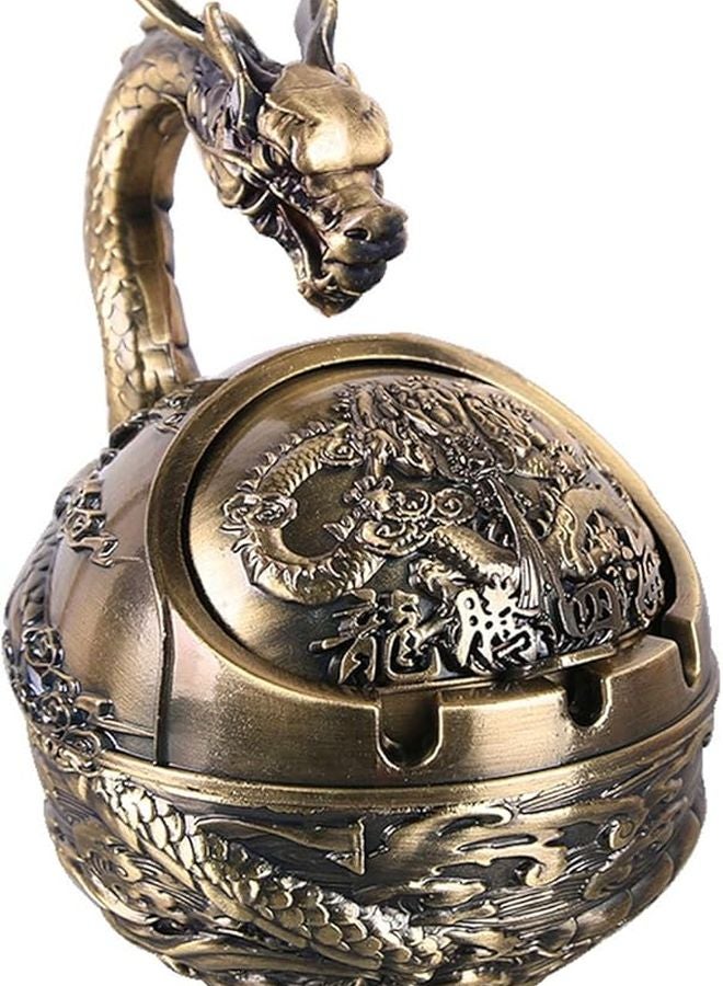 Bronze Dragon Pattern Ashtray With Lid For Home Office Decor - Image 1
