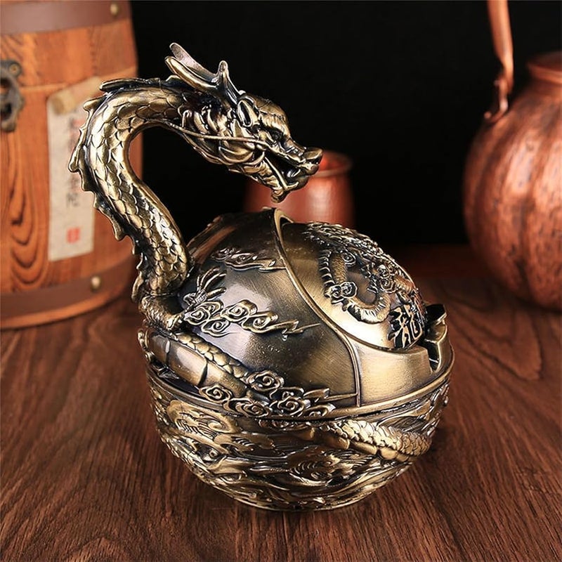 Bronze Dragon Pattern Ashtray With Lid For Home Office Decor - Image 4