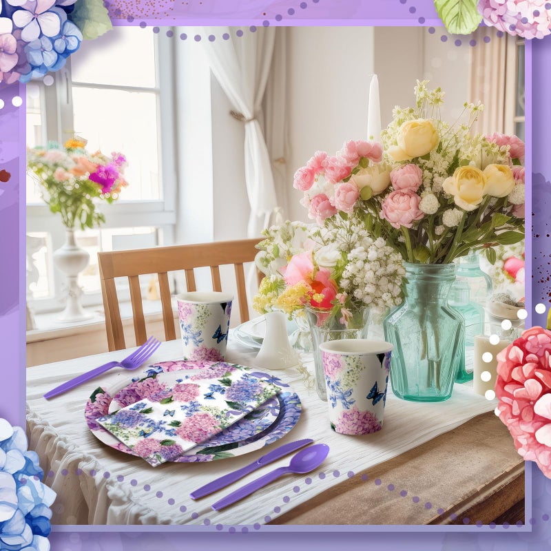 Suttmin 400 Pcs Hydrangea Flowers Spring Plates and Napkins Bridal Shower Plates and Napkins Sets Baby Shower Party Decorations Disposable Dinnerware Set - Image 3