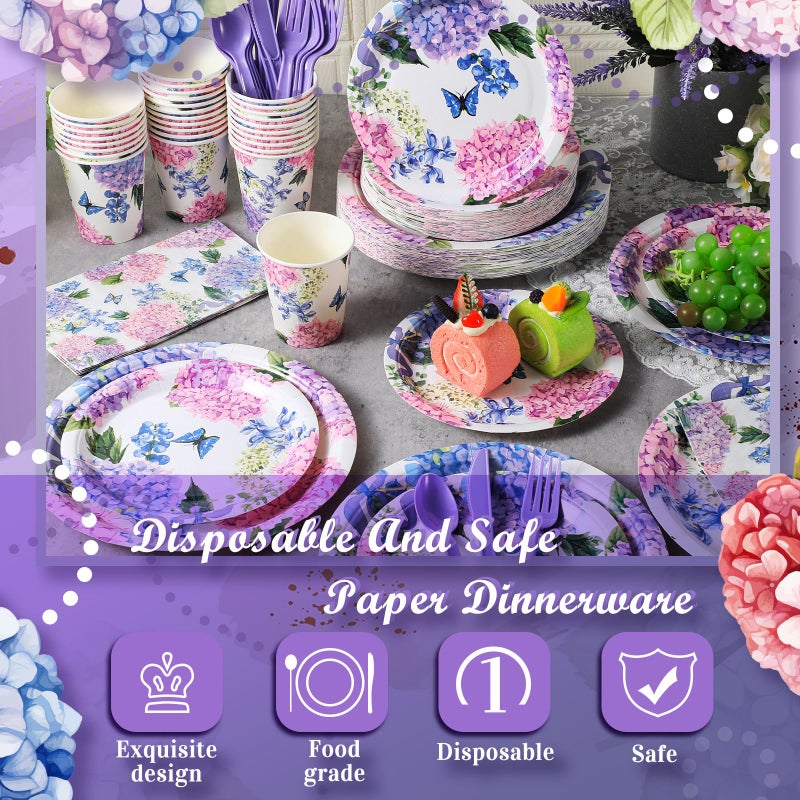 Suttmin 400 Pcs Hydrangea Flowers Spring Plates and Napkins Bridal Shower Plates and Napkins Sets Baby Shower Party Decorations Disposable Dinnerware Set - Image 2