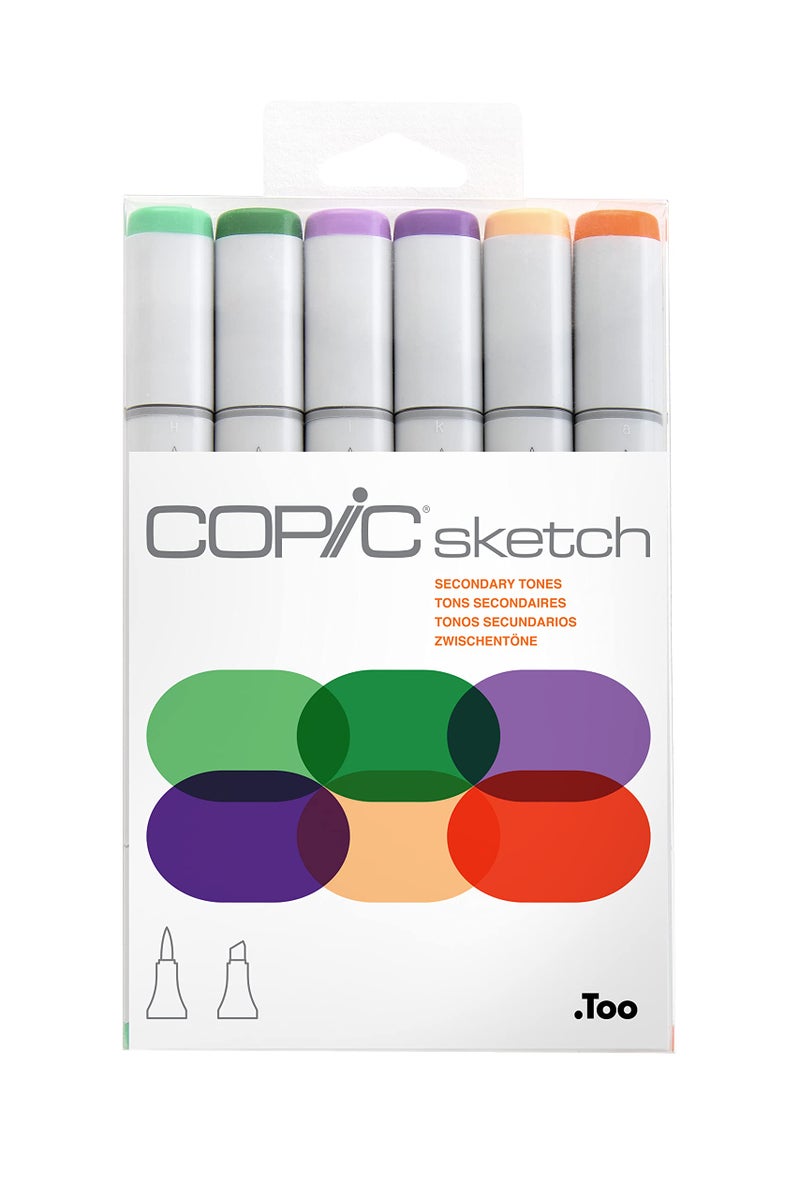 Copic Sketch Alcohol Markers, 6 Color Dual Tip Art Marker Set â€“ Blendable Brush Tips for Drawing, Sketching, and Illustration â€“ Professional Set for Adults/Teen Artists & Creators - Secondary Tones - Image 1